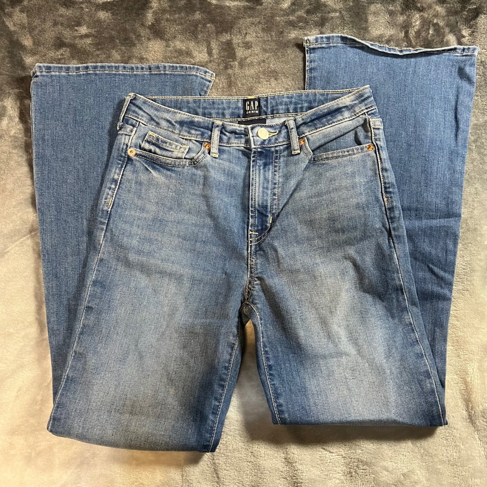 Gap Denim 70s Flare Jeans Girls Size 14 Blue Adjustable Waist Retro Slit Hem